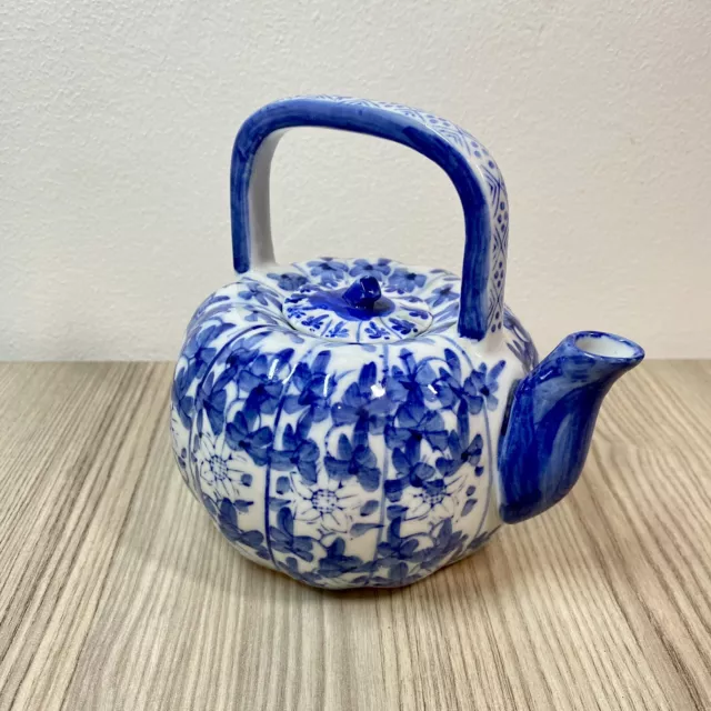 Vintage Small Chinese Blue and White Porcelain Teapot Pumpkin Shape Hand Painted 3