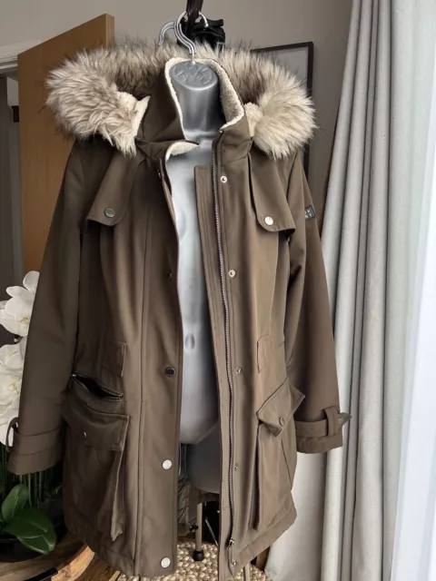 DKNY Parka Coat Womens Size S Hooded Faux Fur Trim Jacket-  Khaki