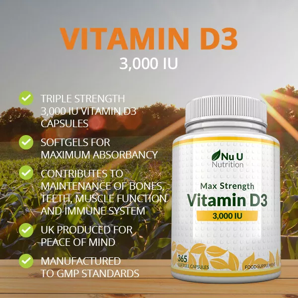 Vitamin D3 3,000 IU 365 Softgels, 1 Year 3000iu Triple Strength High Absorption 2