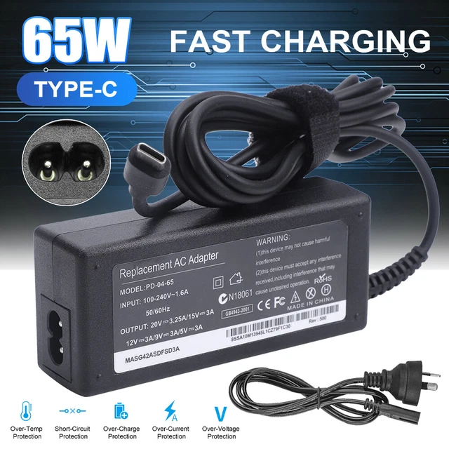 Laptop Charger AC Adapter Type C USB-C for HP Lenovo Dell Toshiba Acer Asus 65W