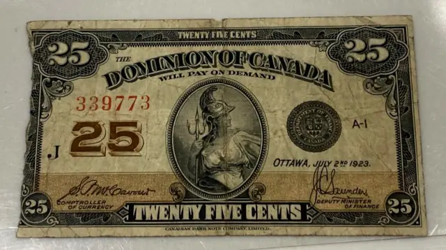 Dominion Of Canada 1923 Twenty Five Cents Shinplaster Banknote