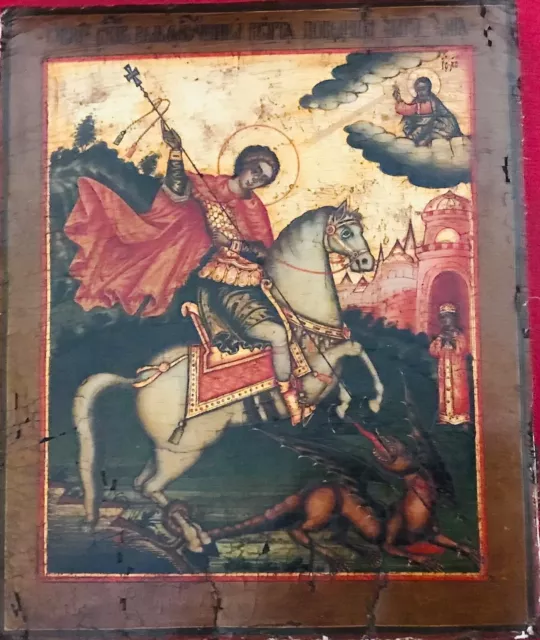 Antica icona russa "San Giorgio che atterra il drago"