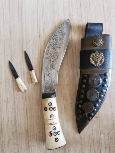 Vintage Gurkha Knife with 2 mini utility knives in sheath Antique Khukri Nepal