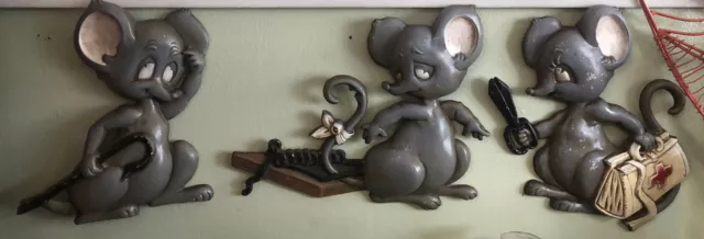 Vintage Sexton 1971 Metal Mid Century Wall Art Mice Mouse Three Piece Set