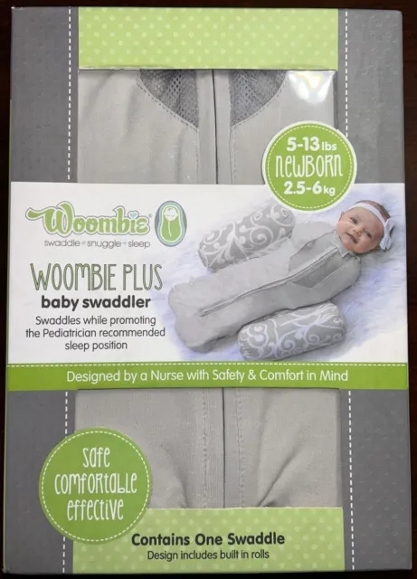 Woombie Plus Baby Swaddler - With Built In Rolls - Grey/White