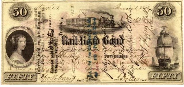 1850  Columbus and Lake Erie Railroad Co   RARE  Stock Certificate Bond