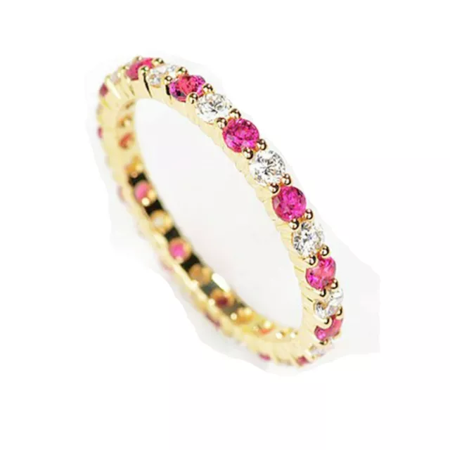 14K or Jaune Plaqué 1Ct Simulé Rouge Rubis & Diamant Éternité Anneau Bague