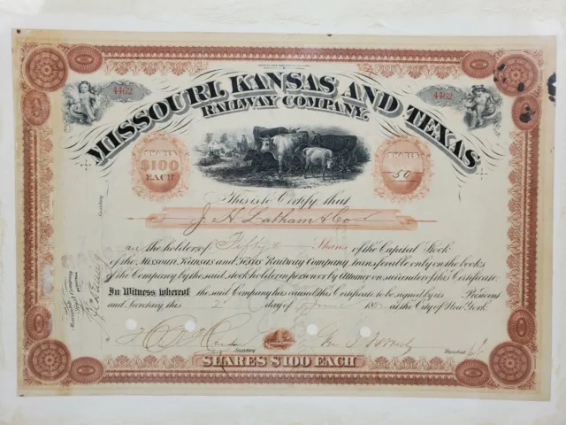 1883 Missouri Kansas & Texas Railroad Company Stock Certificate Shares