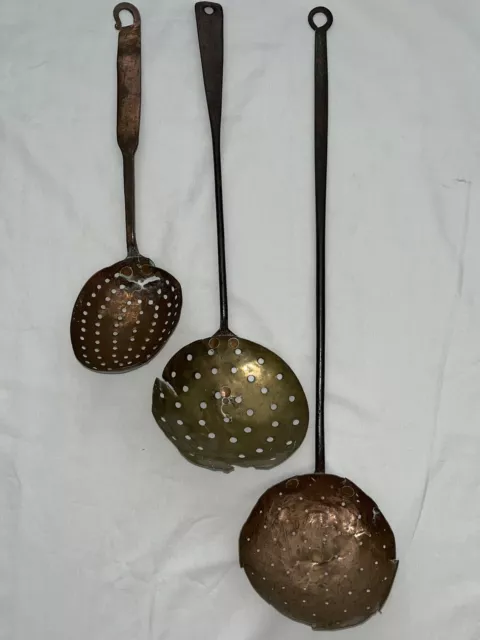 3 Antique Primitive Copper Kitchen Strainers Hand Hammered Brass /1800s Rustic