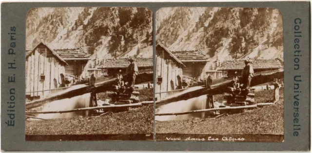 France.View in the Alps.Animated by characters.Albuminated Stereo Photo E.H.1875.