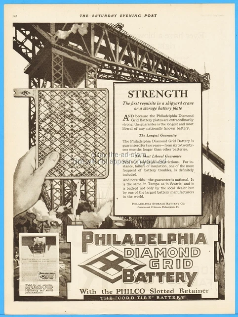 1920 Philadelphia Storage Battery Co PA Diamond Grid Plate Shipyard Crane Ad