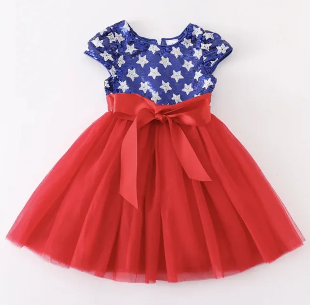 Little Girls Red Tulle Skirt, Blue Sequin Star Top Patriotic Bow Dress Size 3