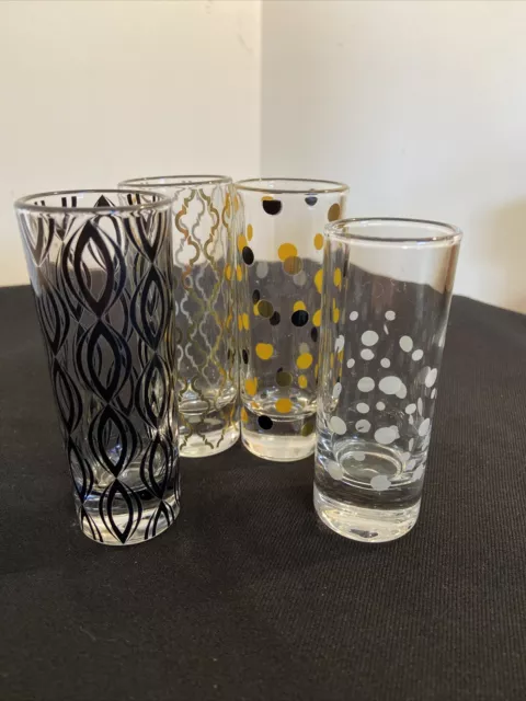 4  MCM Hazel Atlas Swanky Swig Shot Glass 1950's Geometric Yellow & Purple Desig