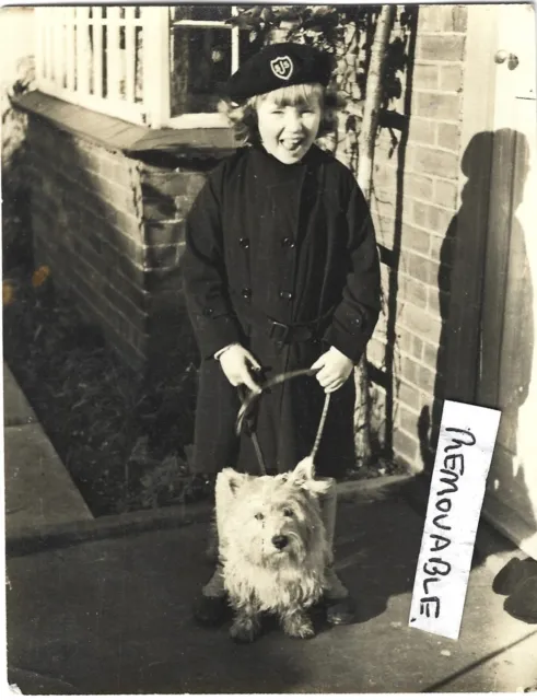 Vintage Old Photograph Girl School Hat Coat White Terrier Dog On Lead 1950's