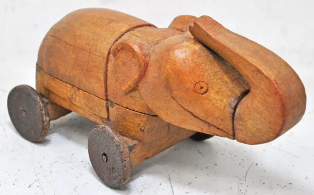 Vintage Holz Elefant auf Rädern Figur Spice Box Original Alt Handgeschnitzte
