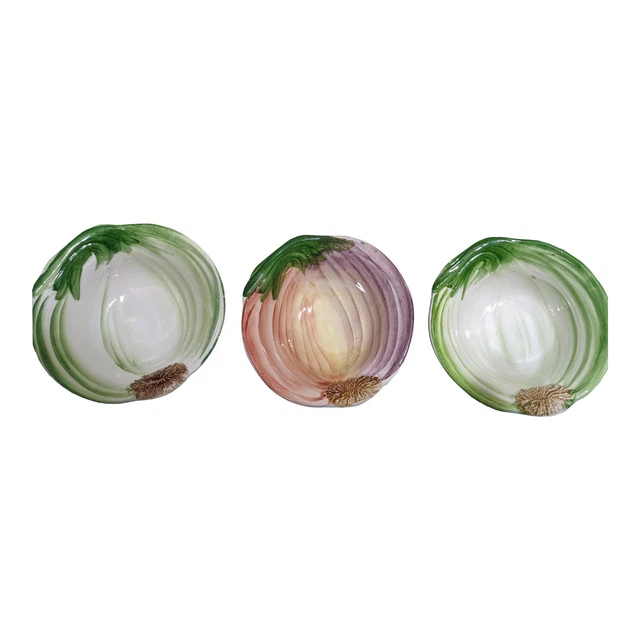 Vintage Italy Majolica Pottery Porcelain 3 Piece Onion Bowl Dishes Set Mint