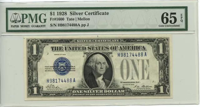 1928 $1 Silver Certificate Blue Tate Mellon Fr# 1600 PMG GEM 65 EPQ