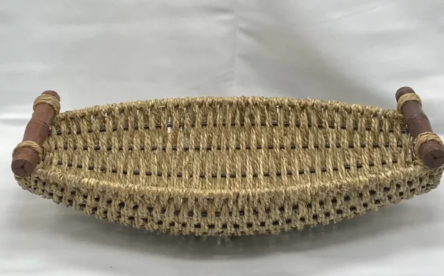 Vtg Seagrass Hand-Woven Cording Wooden Handles LG Oblong Serving Basket 15"