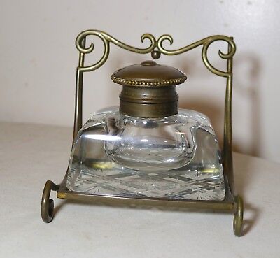 HUGE antique French gilt bronze cut crystal inkwell writing desk jar 1800 stand 3