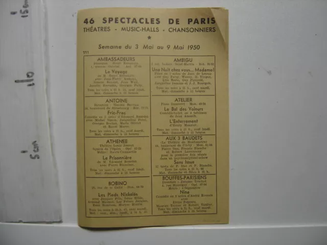 Programme des Spectacles de Paris THEATRE MUSIC HALLS CHANSONNIERS 1950