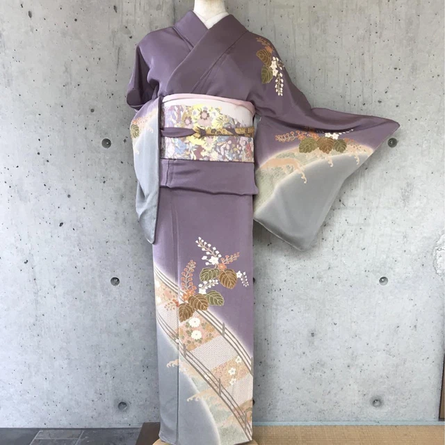Japanese Pure Silk Semi-Formal Kimono Houmongi 166.5cm Plant Flower Purple