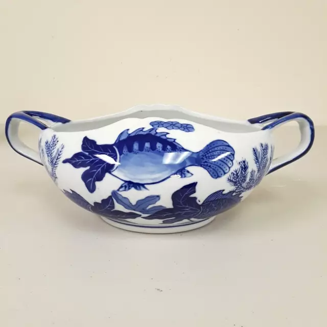 Asian Blue & White Oval Serving Bowl Double Handles Koi Fish Pattern Chinoiserie