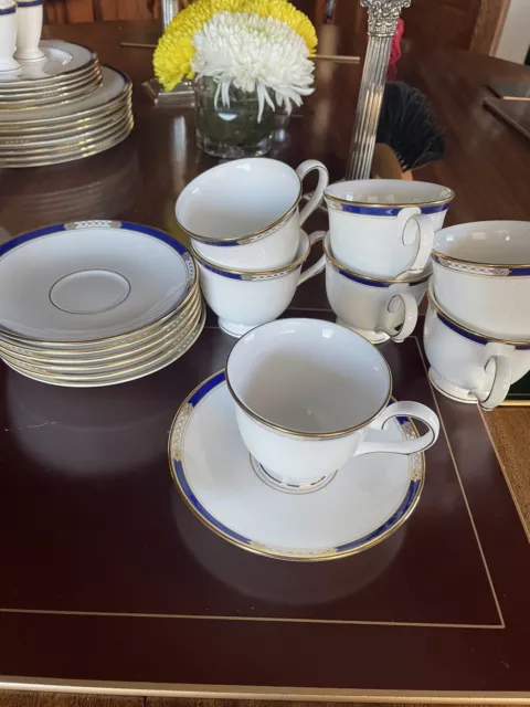 6 Lenox Royal Treasure Cups Saucers Set Classics Collection Blue Band Bone Lot O