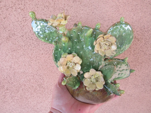 Handmade Green and Yellow Pottery Cactus Sculpture