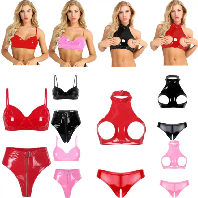 UK Womens Wet Look PVC Leather Nightclub Lingerie Set Bra Top High Waist Briefs