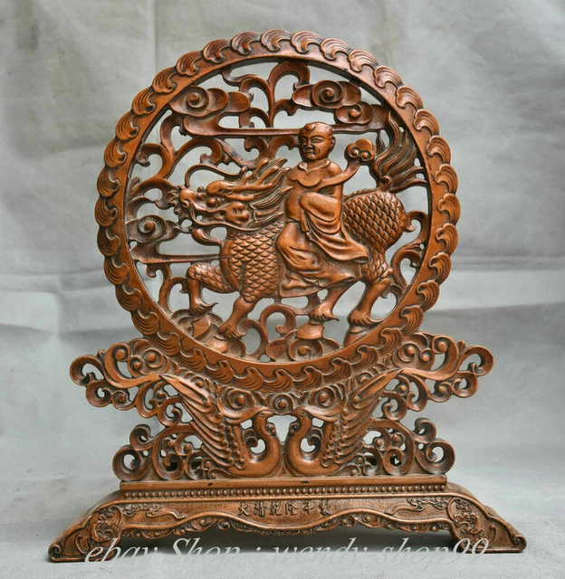 14" Old China Boxwood Hand-carved Palace Tongzi Ride Qilin Folding Screen