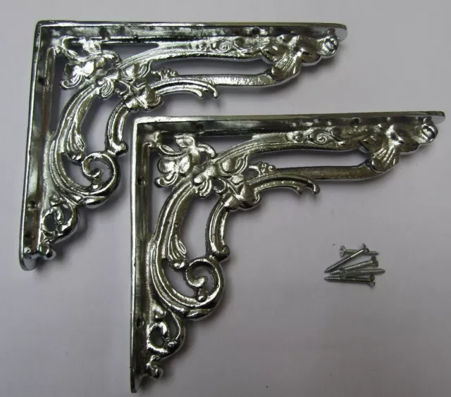 Pair of 8" CHROME FLORAL cast iron shelf wall brackets vintage old style