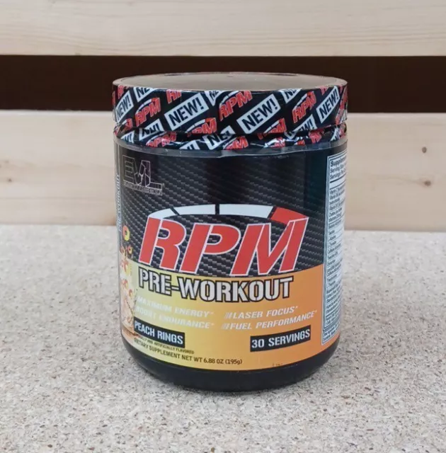 EVL RPM Energy Pre Entrenamiento Bebida Energética Mezcla 30 Porciones Anillos de Melocotón Expiración 11/2024