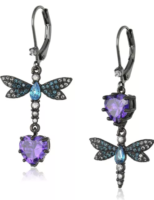 Betsey Johnson DRAGONFLY Rhinestone Mismatched Heart DROP EARRINGS Fashion Jewel
