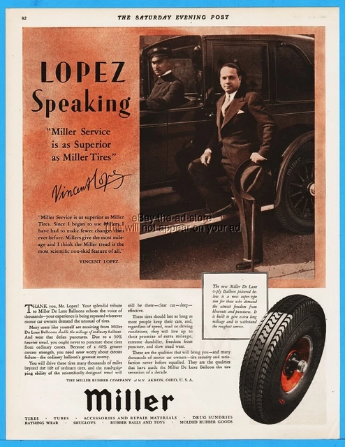 1929 Miller Rubber Company Akron OH Automobile Car Tire Vincent Lopez Photo Ad