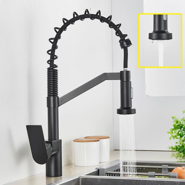 Black Monobloc Kitchen Sink Mixer Tap with Pull Out Hose Spray Single Lever UK