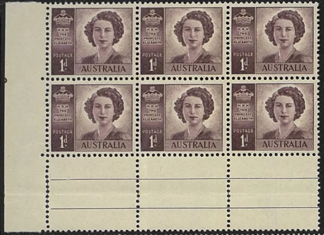 1949 Australian Princess Elizabeth Gutter Corner Block 6x1d No Watermark Stamps