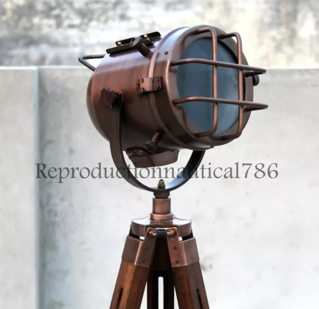 Vintage Marine Industrial Copper Nautical Floor Lamp With Wooden Tripod Decor