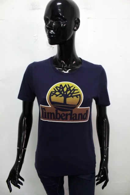 Timberland Maglia Donna Taglia M Maglietta Blu Manica Corta T-Shirt Cotone Logo