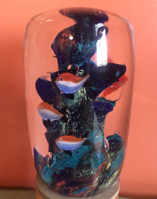 Vtg Art Glass 4.5” Cylinder Aquarium With Fish Reef Paperweight Coral Underwater