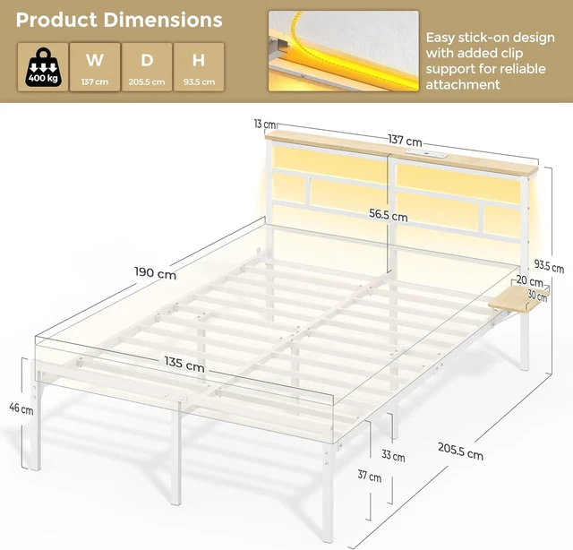 Metallic. Click SINGLE METAL BED Frame with LED Lights Charging Station £200.37 ...