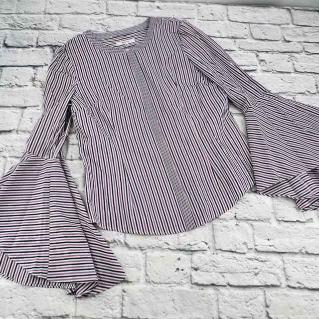 Milly Michelle Bell Sleeve Stripe Blouse Size 10 White Purple Black Button Up