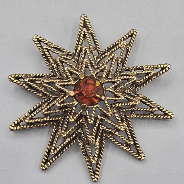 Vintage Tara Star Brooch Pin Brass Tone Open Work Root Beer Rhinestone 2.5 Inch