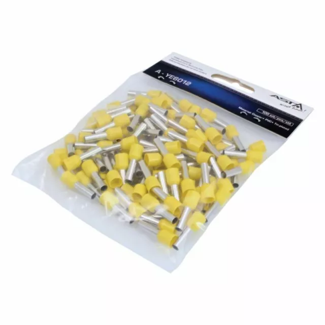 100pc Insulated Crimp Bootlace Ferrule Set Yellow AWG 6.0mm² Wire Pin 12 x 3.9mm