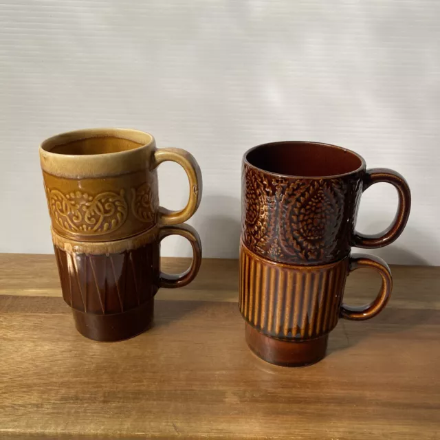 VINTAGE 70s Stacking Drip Glaze Coffee Mugs Set 5 Japan 8 Oz Ceramic Ribbed