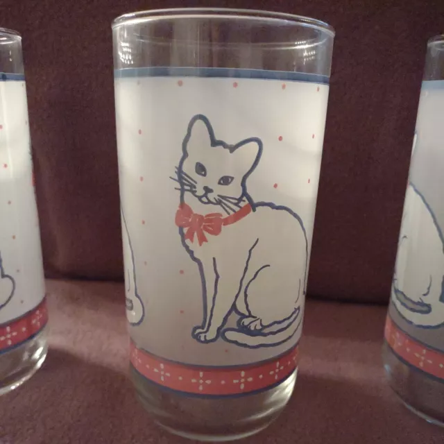 Vintage Libbey 12oz White Frosted Cat Drinking Glass Blue Pink Dots Kitty Kitten