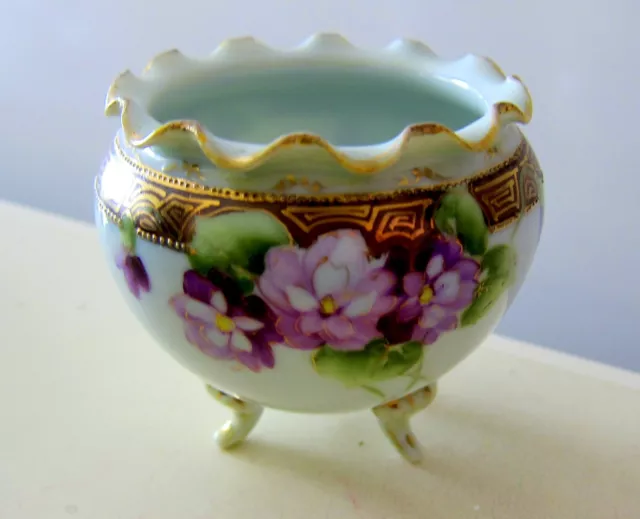 Antique Nippon Beautifully Hand Painted Purple Flowers Footed Bowl   Japan