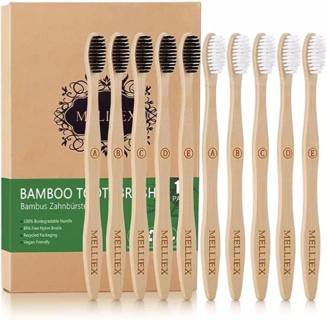 MELLIEX 10 pezzi Spazzolino Bamboo, Setole Morbide Spazzolini da Denti in Bambù 