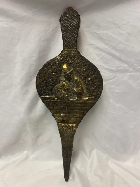 Vintage Embossed Hammered Brass Leather Wood Fireplace Bellows Made in France
