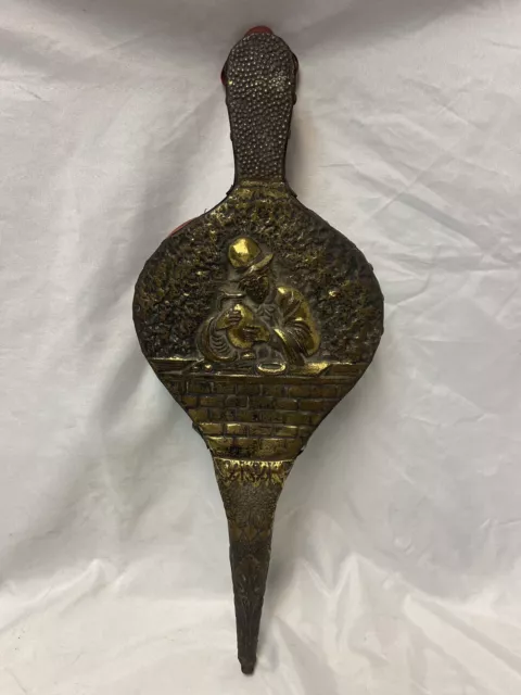 Vintage Embossed Hammered Brass Leather Wood Fireplace Bellows Made in France