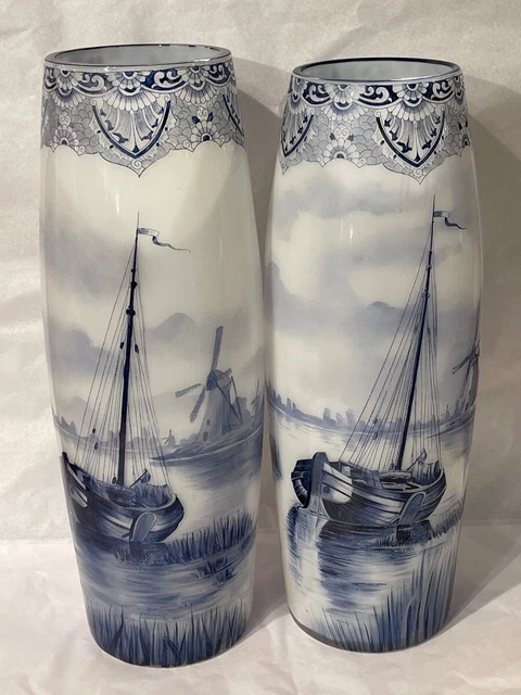 Antique Pair of Legras Opaline Glass Vases Blue & White Dutch Decor Circa 1900s